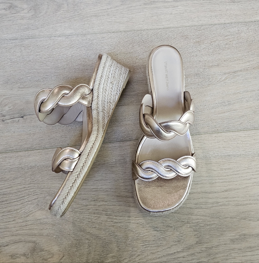 Stuart Weitzman Twist Espadrille Wedge Sandals Rose Gold, Size 9.5